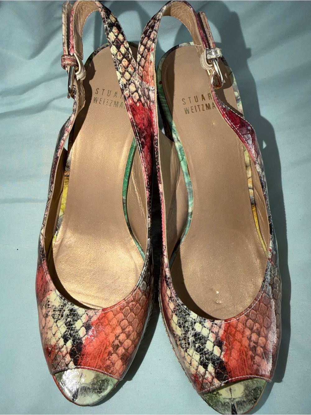 Stuart Weitzman Women's Embossed SnakeSkin Peep Toe Wedge Sandal